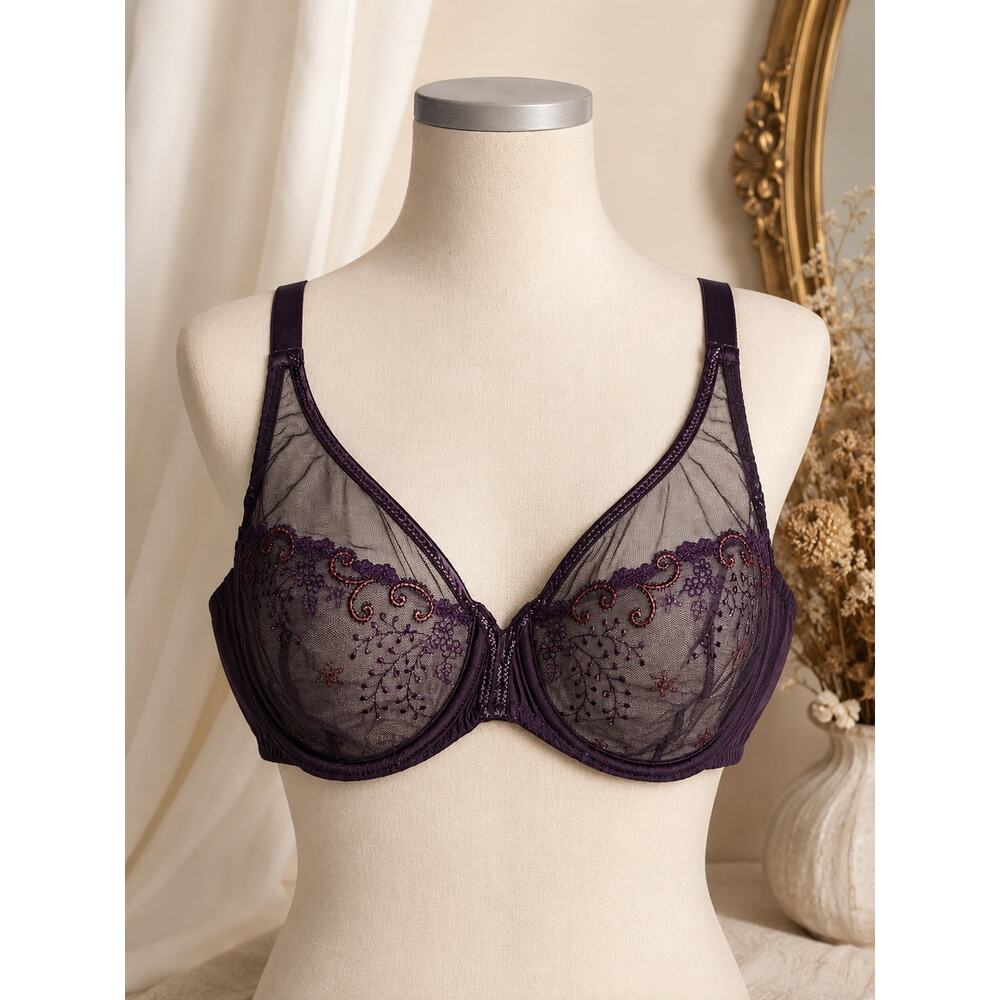 SIMONE PERELE Lace Mesh Unlined Underwire Bra Dark Purple Copper Accents 38D
